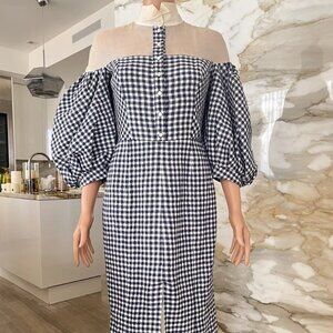 Natasha Zinko Women's Checkered Midi Dress Puff Sleeve